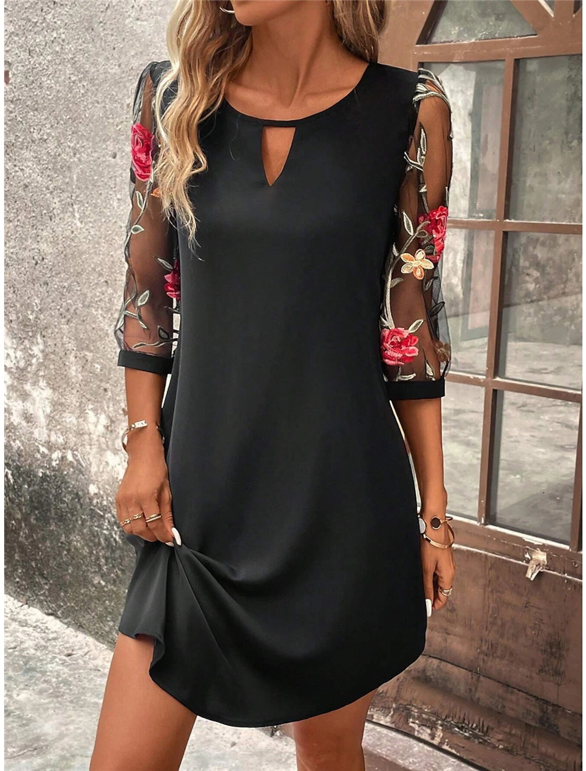 NOVA | Floral Mesh-Sleeve Mini Dress