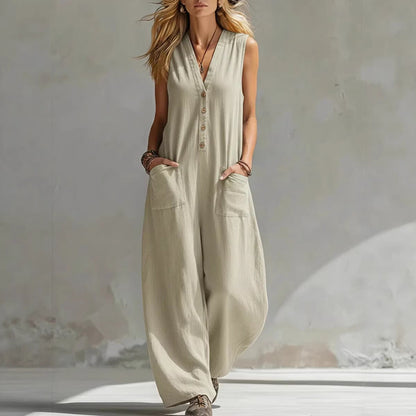 COOPER | V-Neck Button-Front Wide-Leg Jumpsuit with Pockets