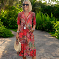 Chloe | Women Floral Midi Dress Boho A-Line Vacation Dress with V-Neck and Side Pockets