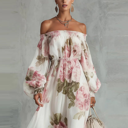 PEONY | Floral Off Shoulder Maxi Dress Long Sleeve