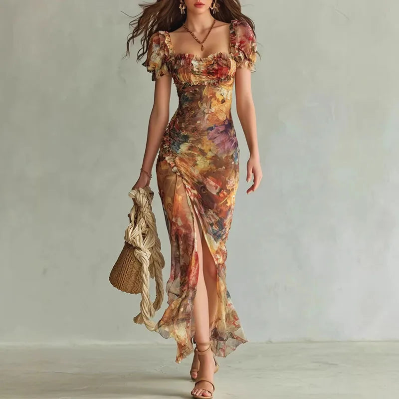 ROSALIND | Floral Maxi Dress Puff Sleeve Square Neck Elegant Fitted Style