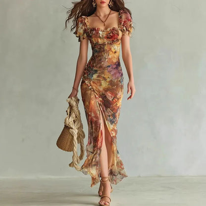 ROSALIND | Floral Maxi Dress Puff Sleeve Square Neck Elegant Fitted Style