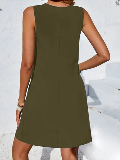 IVY | Round Neck A-Line Mini Dress with Button Pockets