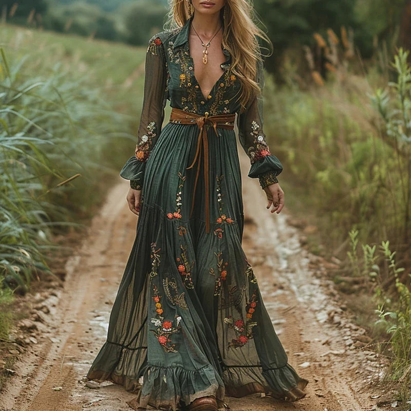 WILLA | Boho Maxi Dress with Tie Belt