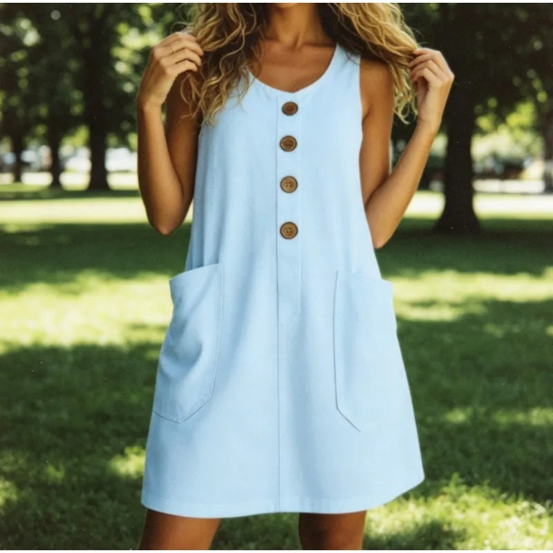 HAZEL | Button-Down U-Neck Mini Dress with Patch Pockets