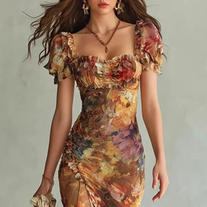 ROSALIND | Floral Maxi Dress Puff Sleeve Square Neck Elegant Fitted Style