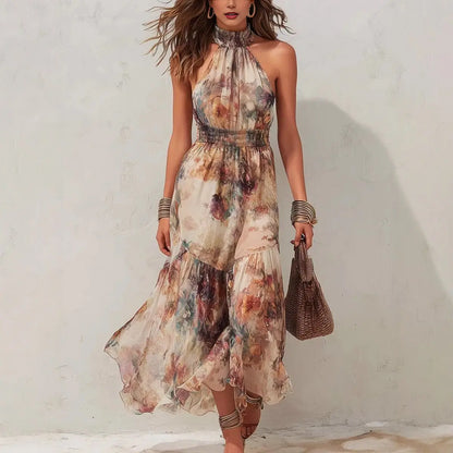 PIPER | Floral Halter Maxi Dress with Smocked Waist