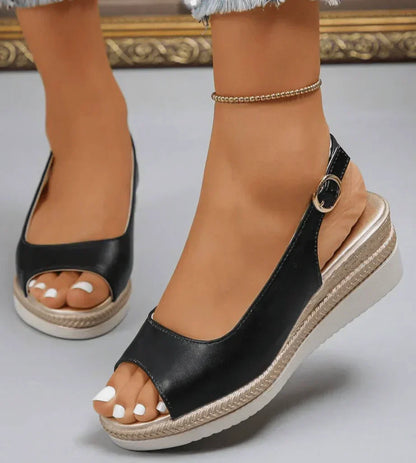 Goldie | Peep-Toe Platform Sandals with Slingback Buckle and Espadrille Sole