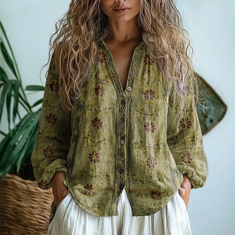 Nona™ - Vintage Leaf Print Blouse