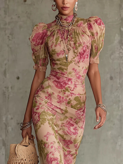 Vintage Rose Print Maxi Dress With Puff Sleeves (Accessories not included)