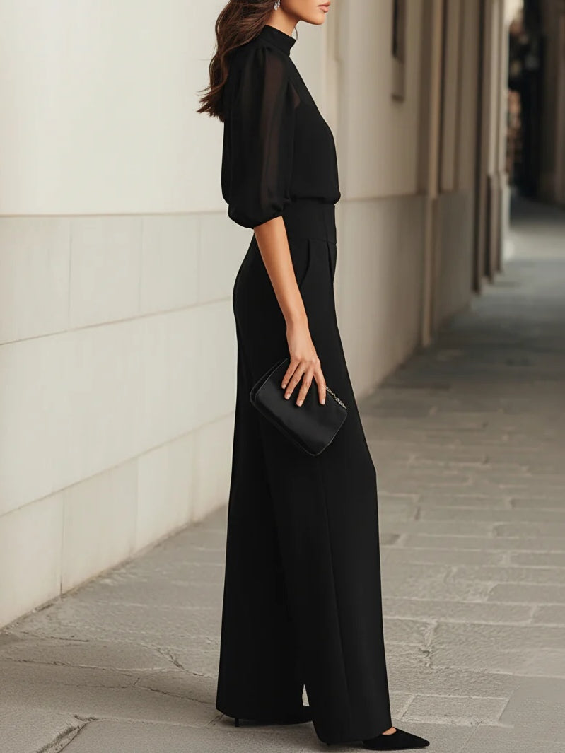 Valentina™ | Black Three-Piece Set, consisting of a sheer tank top and wide-leg pants