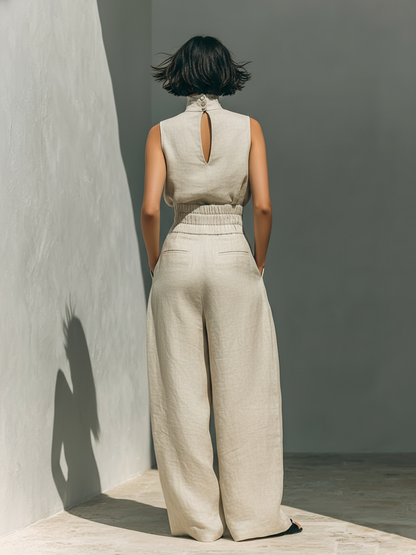 Aurora | Relaxed Beige Sleeveless Wide-Leg Co-Ord Set