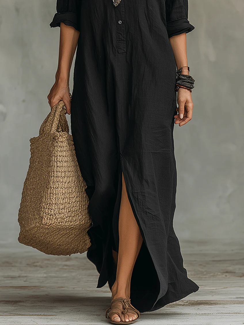 Soline™ | Oversized Black Maxi Dress with Buttons