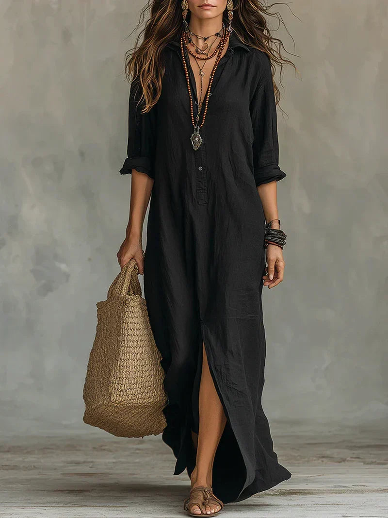 Céline™ | Black Loose Maxi Dress with Buttons