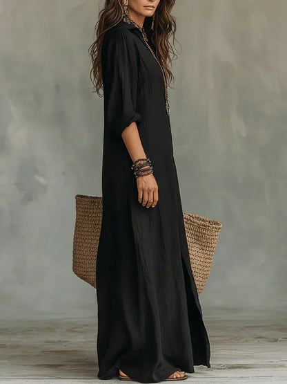 Céline™ | Black Loose Maxi Dress with Buttons