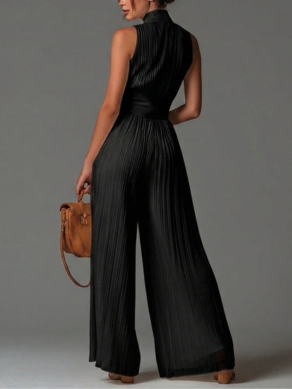 Black V-neck Sleeveless Zip-up Pleated Wide-leg Chiffon Jumpsuit