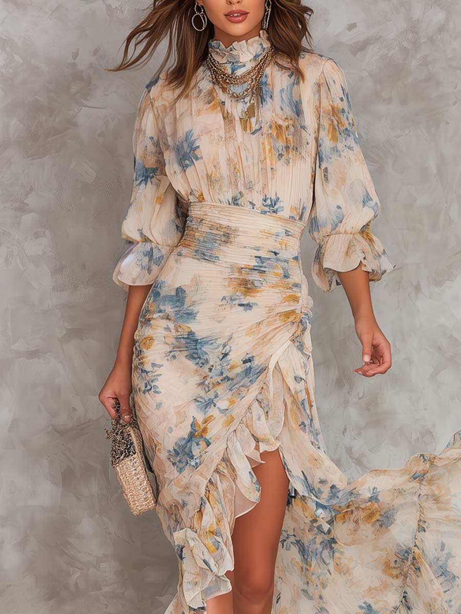 Beige Turtleneck Oil Painting Floral Print Irregular Chiffon Maxi Dress