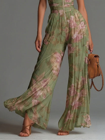 Green Floral V-neck Sleeveless Zip-up Pleated Wide-leg Chiffon Jumpsuit