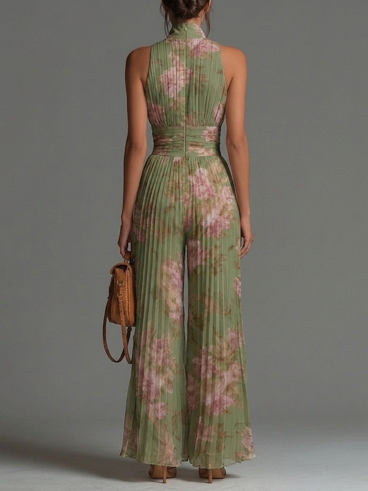 Green Floral V-neck Sleeveless Zip-up Pleated Wide-leg Chiffon Jumpsuit
