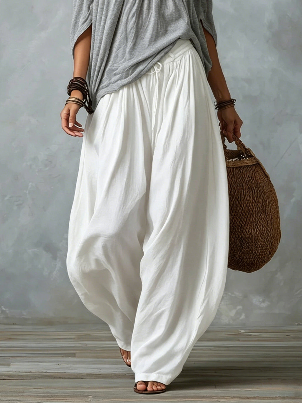 Gray Off-shoulder Top and White Flared Lantern Pants