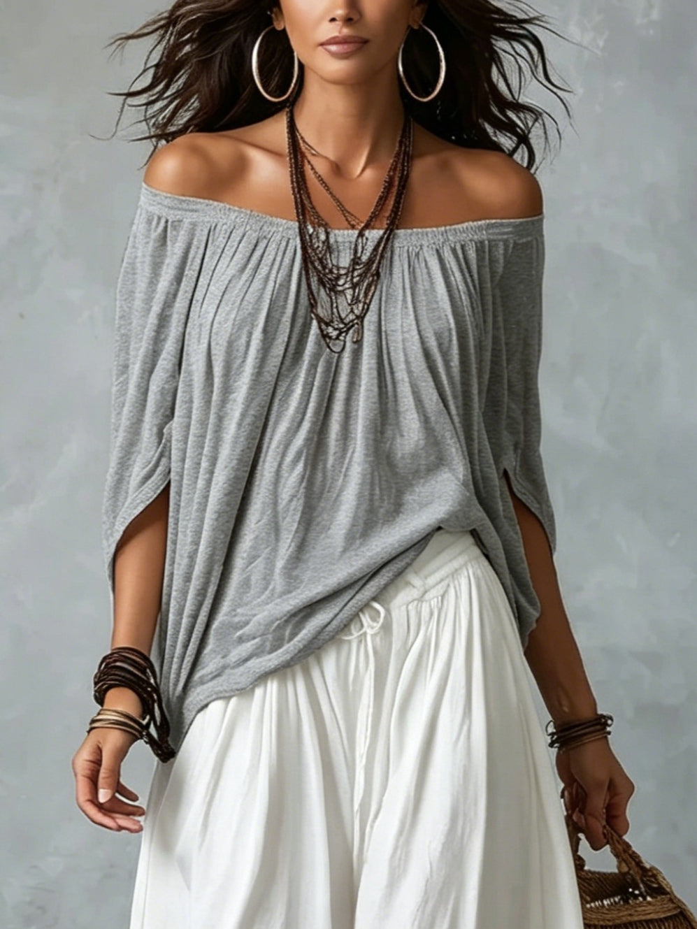 Top White Off-the-shoulder and Wide Lantern Pants