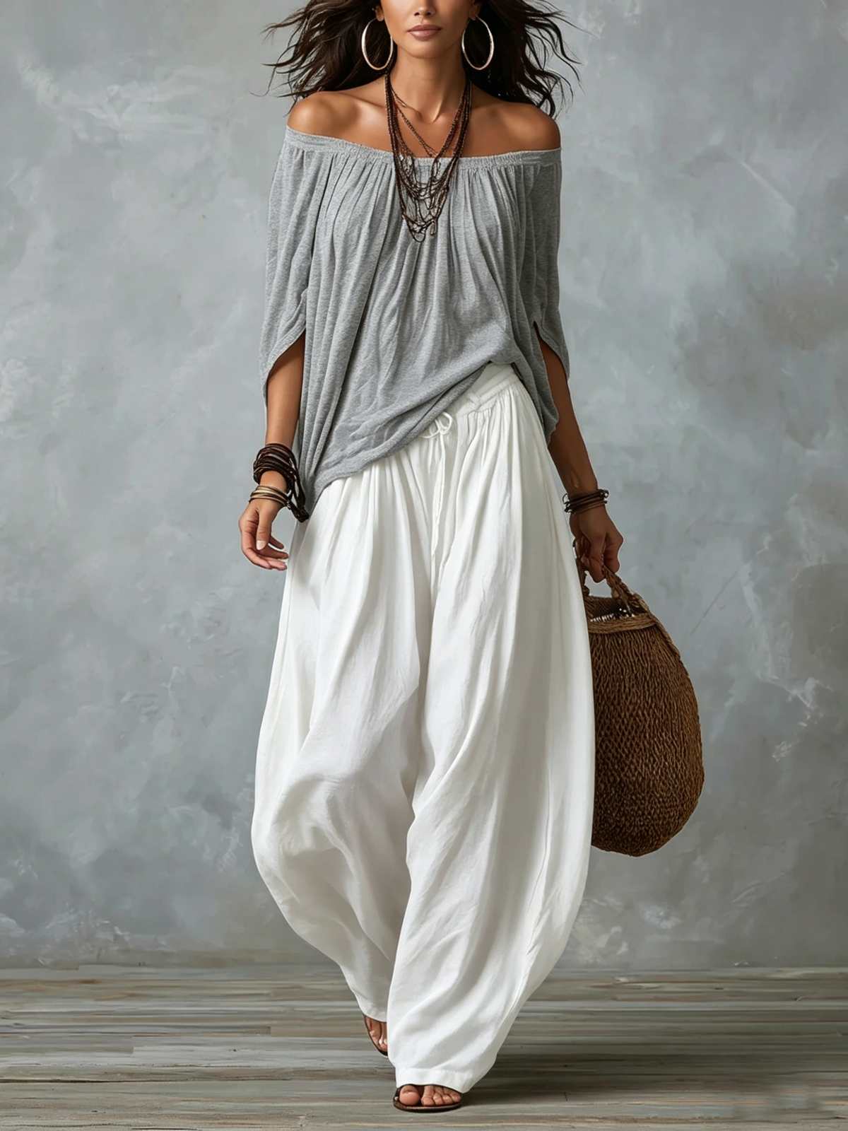 Top White Off-the-shoulder and Wide Lantern Pants