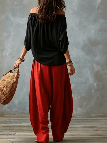 Top White Off-the-shoulder and Wide Lantern Pants