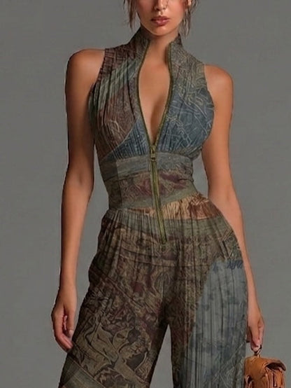 Bohemian Ethnic Print Sleeveless Zipper Pleated Wide-leg Chiffon Jumpsuit