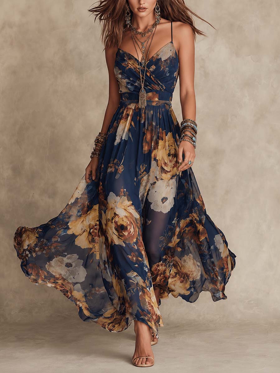 Navy Blue Chiffon Maxi Dress with Floral Print and Thin Straps