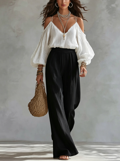 White Strapless Top and Black Wide Leg Pants Set
