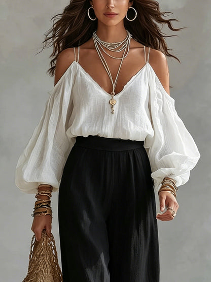 White Strapless Top and Black Wide Leg Pants Set