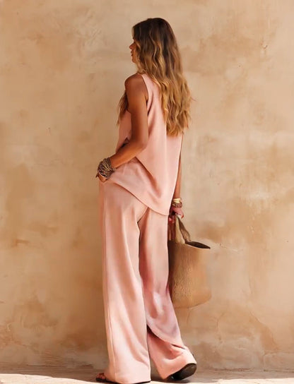Complete Casual Pink Sleeveless One-Shoulder Top and Pants