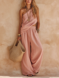 Complete Casual Pink Sleeveless One-Shoulder Top and Pants