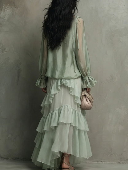 Mint Green Chiffon Top with Ruffles Paired with a Layered Skirt Set