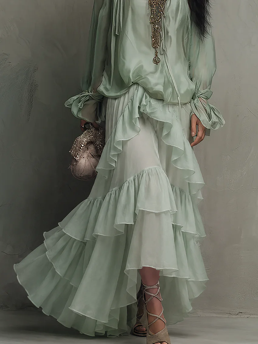 Mint Green Chiffon Top with Ruffles Paired with a Layered Skirt Set
