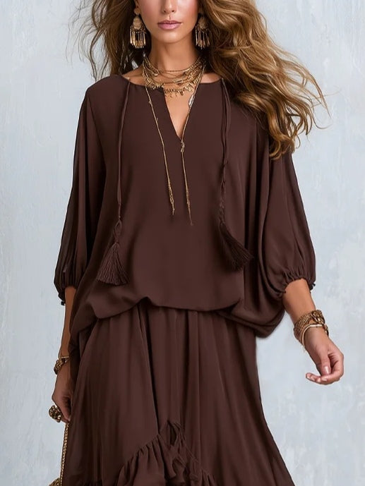 Brown Chiffon Top with Fringe Paired with a Layered Skirt Set with Ruffles