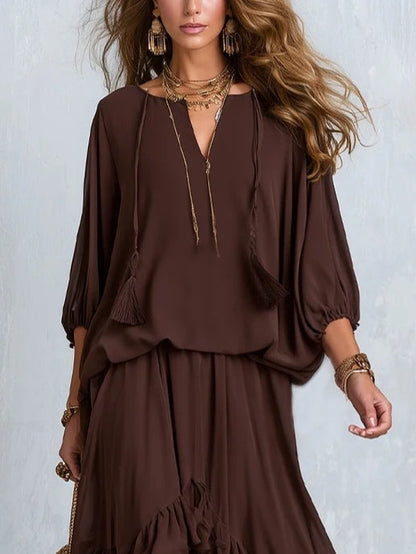 Brown Chiffon Top with Fringe Paired with a Layered Skirt Set with Ruffles