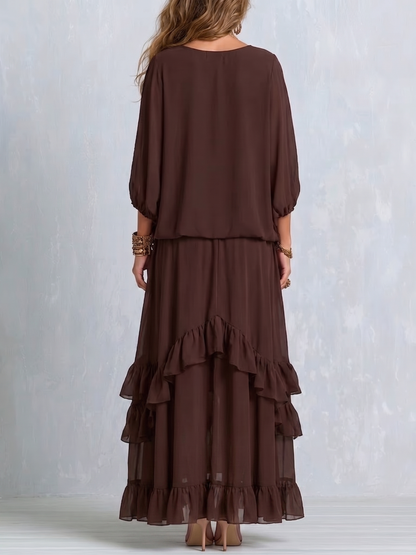 Brown Chiffon Top with Fringe Paired with a Layered Skirt Set with Ruffles