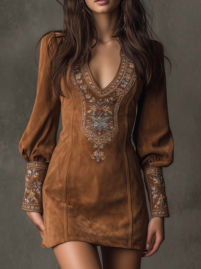Lunori™ | Mini suede dress with embroidery Purple