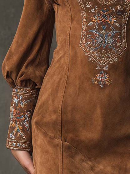 Lunori™ | Mini suede dress with embroidery Purple