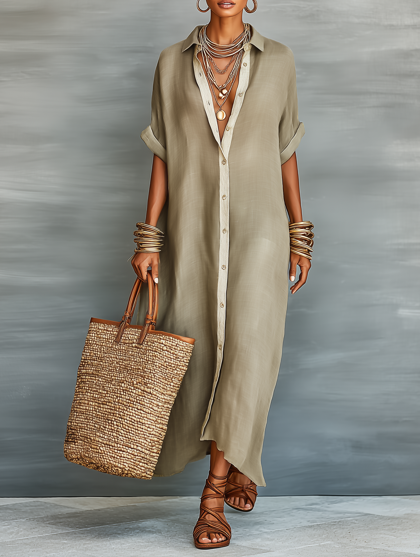 SAGE | Linen Shirt Maxi Dress Short Sleeve Minimalist Casual Style