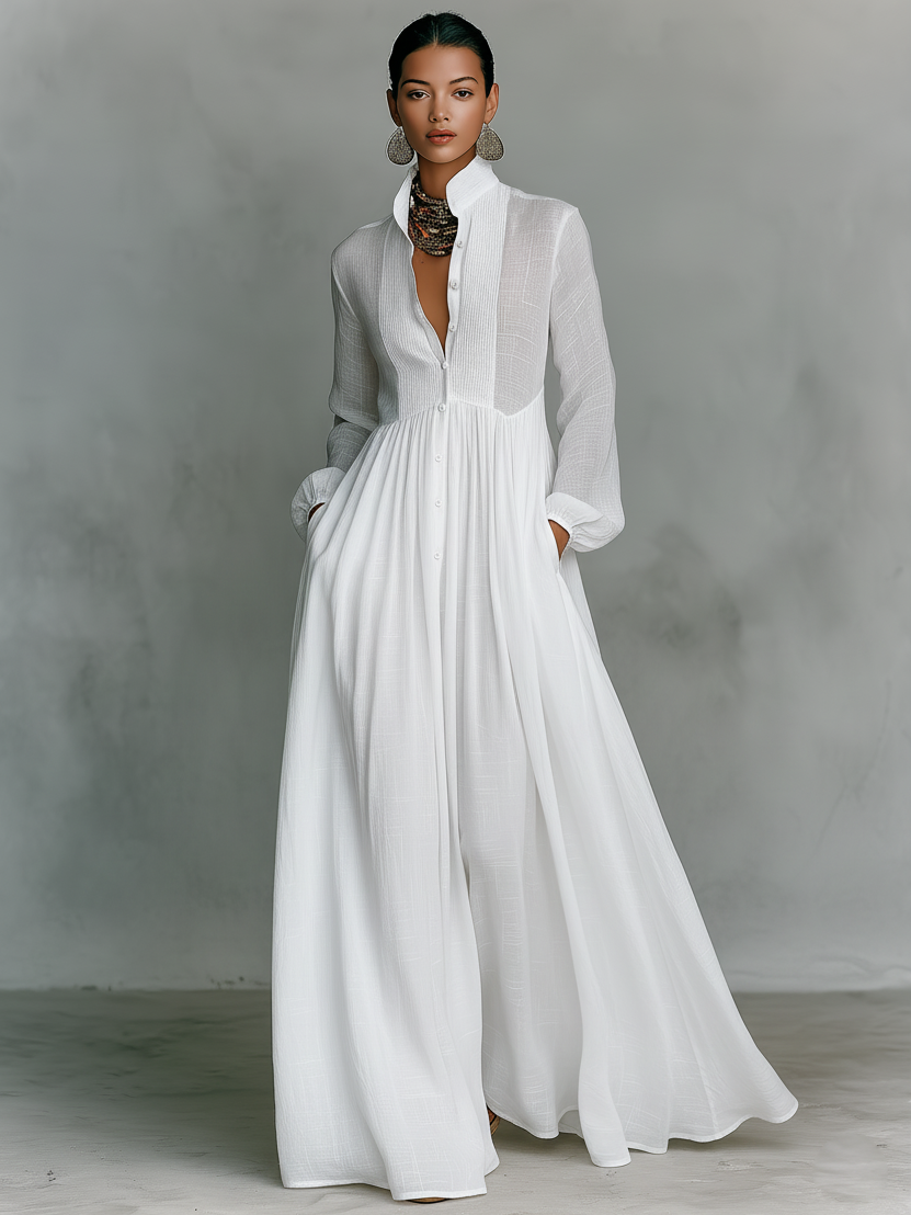 Patchwork Maxi Dress Stand Collar