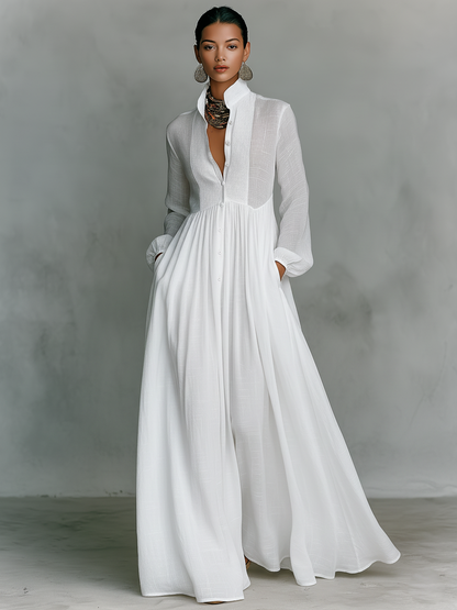 Patchwork Maxi Dress Stand Collar