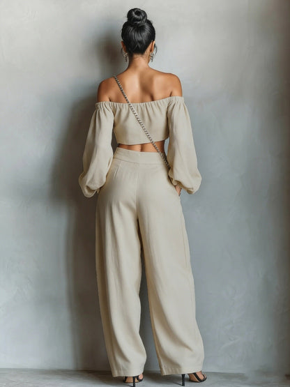 Tiana || Off-shoulder neckline outfit with wide pants