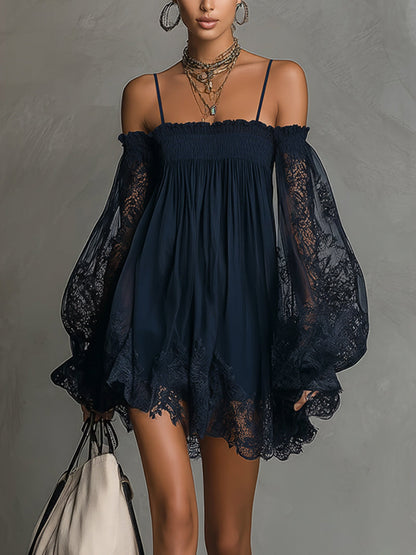 Noemi™ | Navy Lace Chiffon Mini Dress
