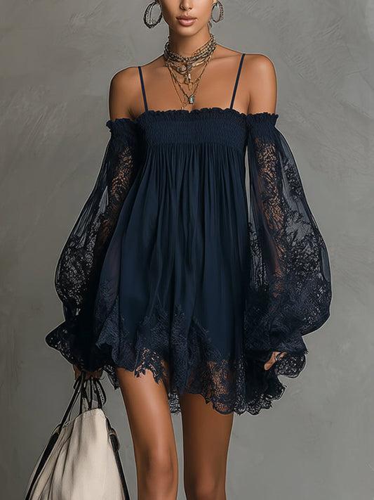 Noemi™ | Navy Lace Chiffon Mini Dress