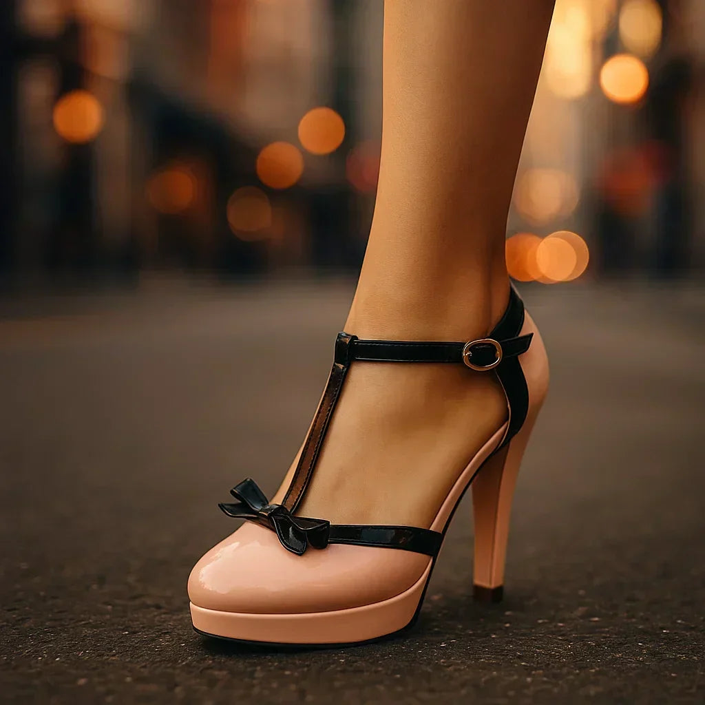BOW-TIE REAL LEATHER HEELS