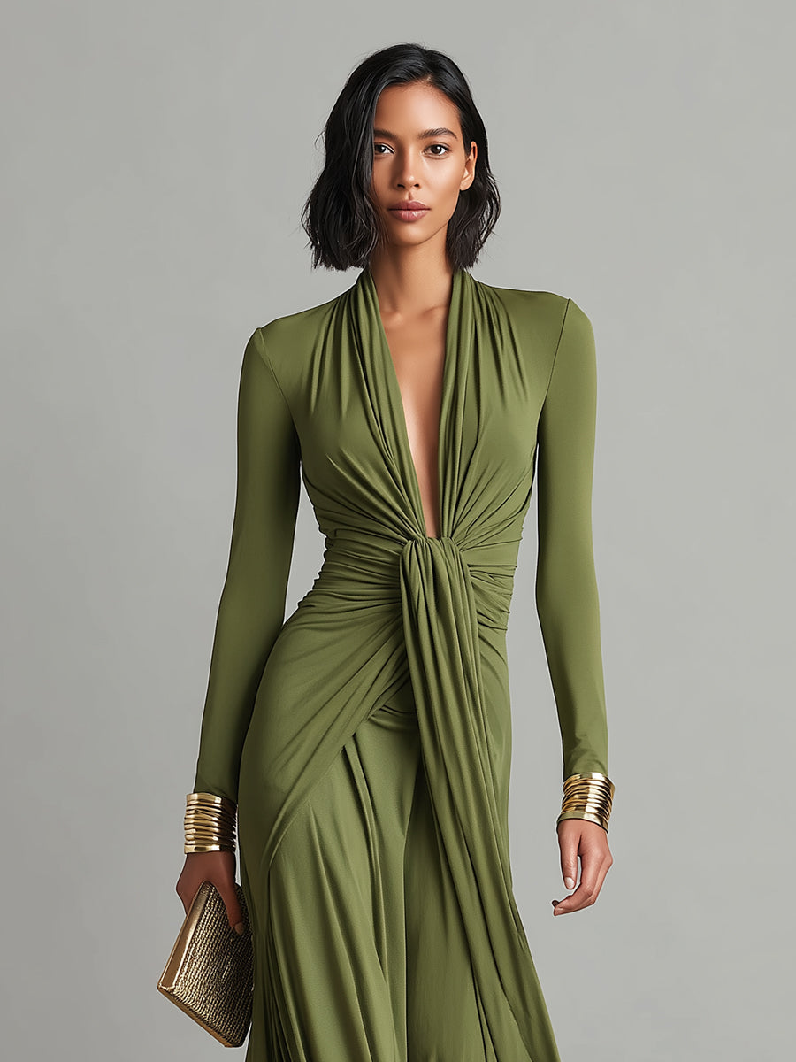 Olive Silk Maxi Dress with V-Neck