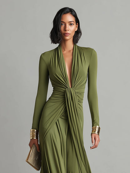 Olive Silk Maxi Dress with V-Neck