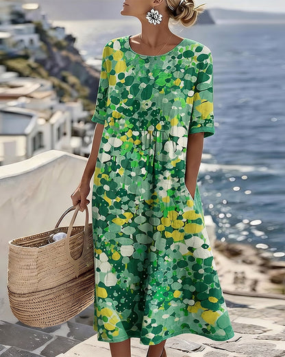 WILLOW | Floral Midi Dress with Round Neck and Short Sleeves for Effortless Summer Style